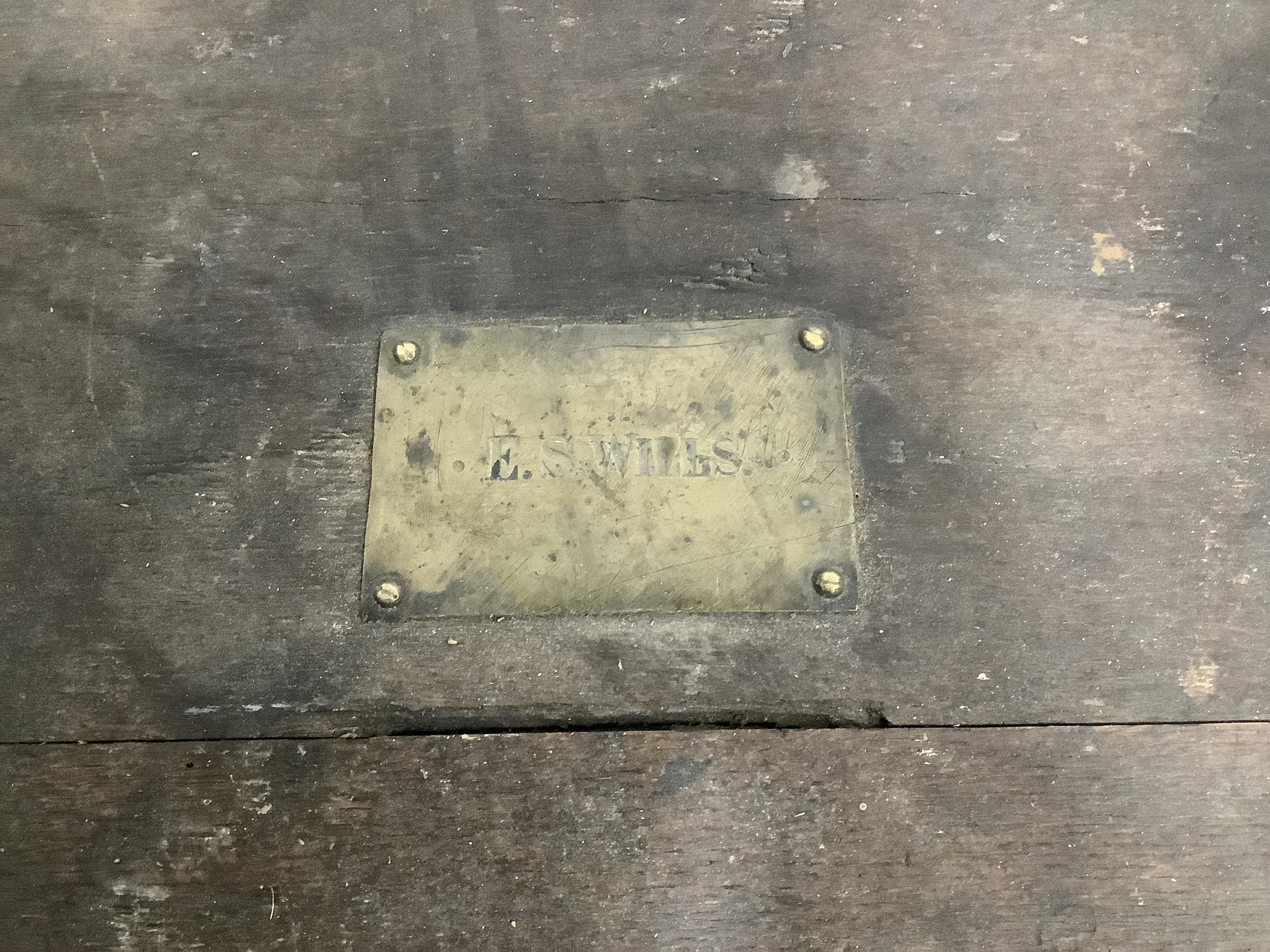 A Victorian iron bound oak silver chest, the brass plaque engraved E.S. Wills, width 83cm, depth 52cm, height 70cm